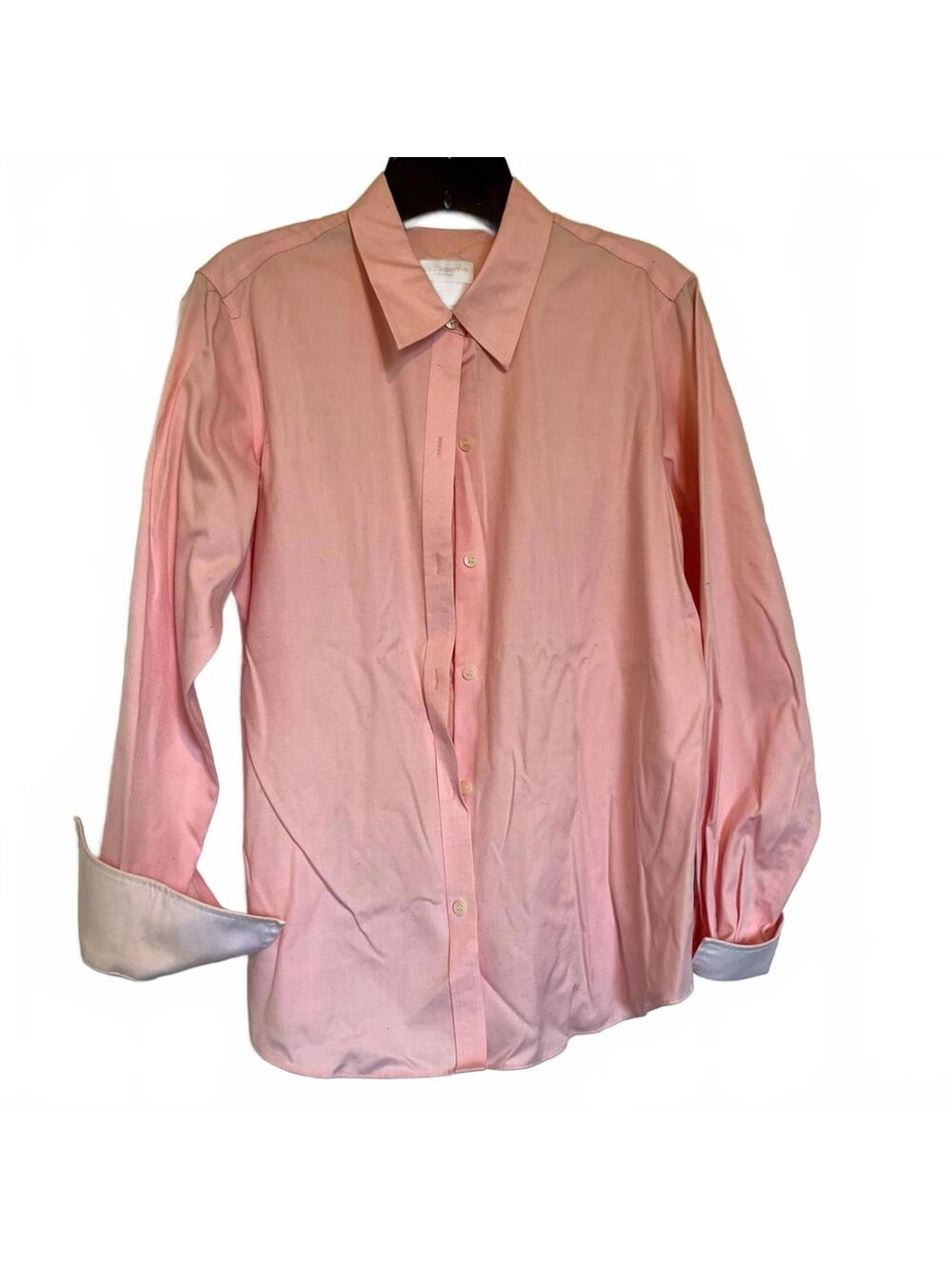 Pink button up blouse with white cuffs